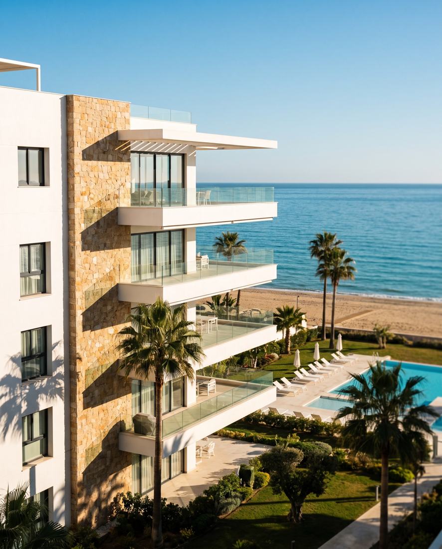Sea-view apartments with glass terraces above a beach