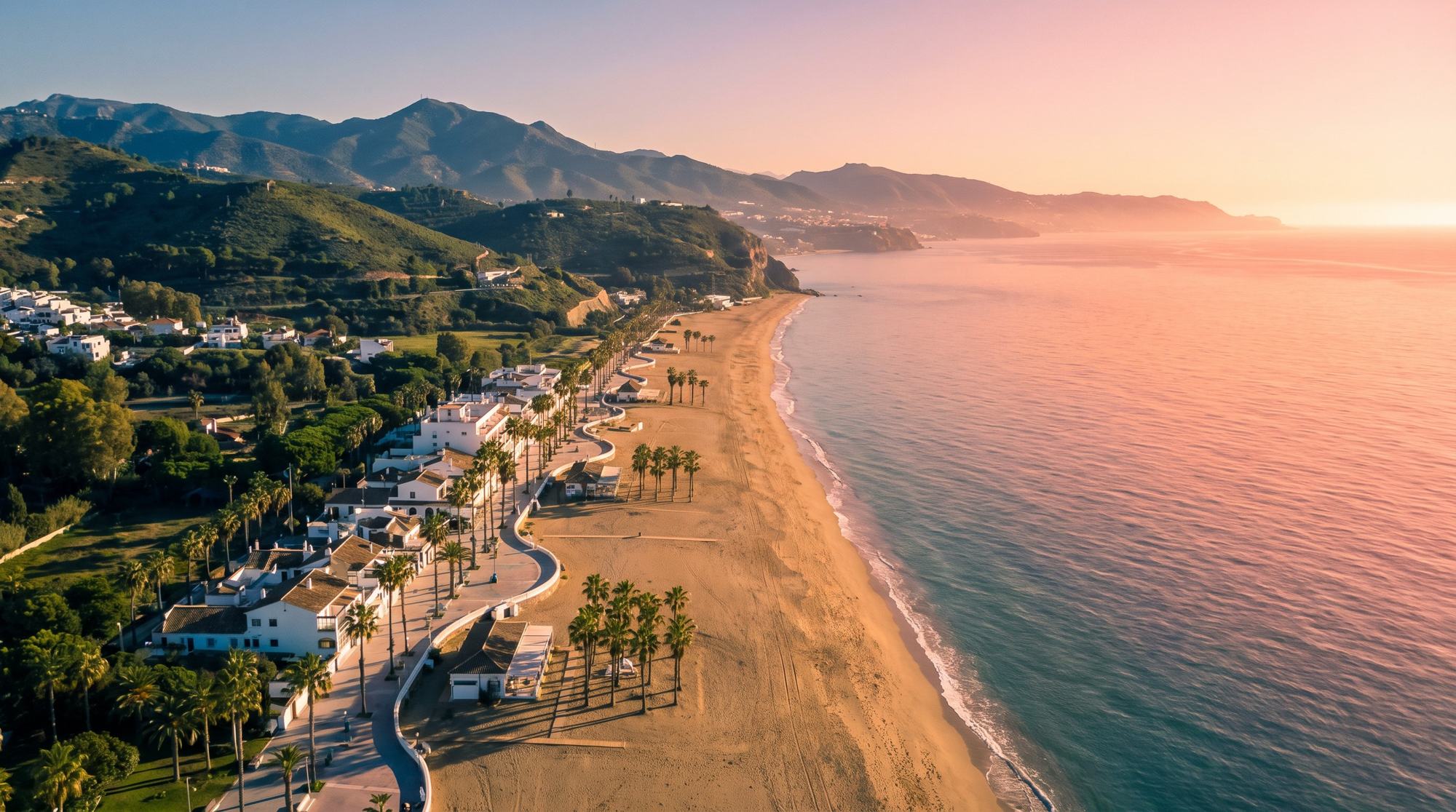Aerial view of a Costa del Sol beach and promenade at sunset