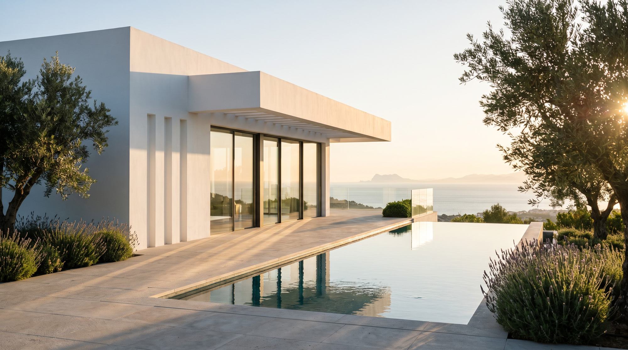 A contemporary white villa with an infinity pool above the Mediterranean at golden hour