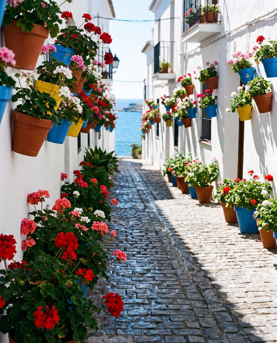 A whitewashed Andalusian street lined with flower pots, the sea at the end