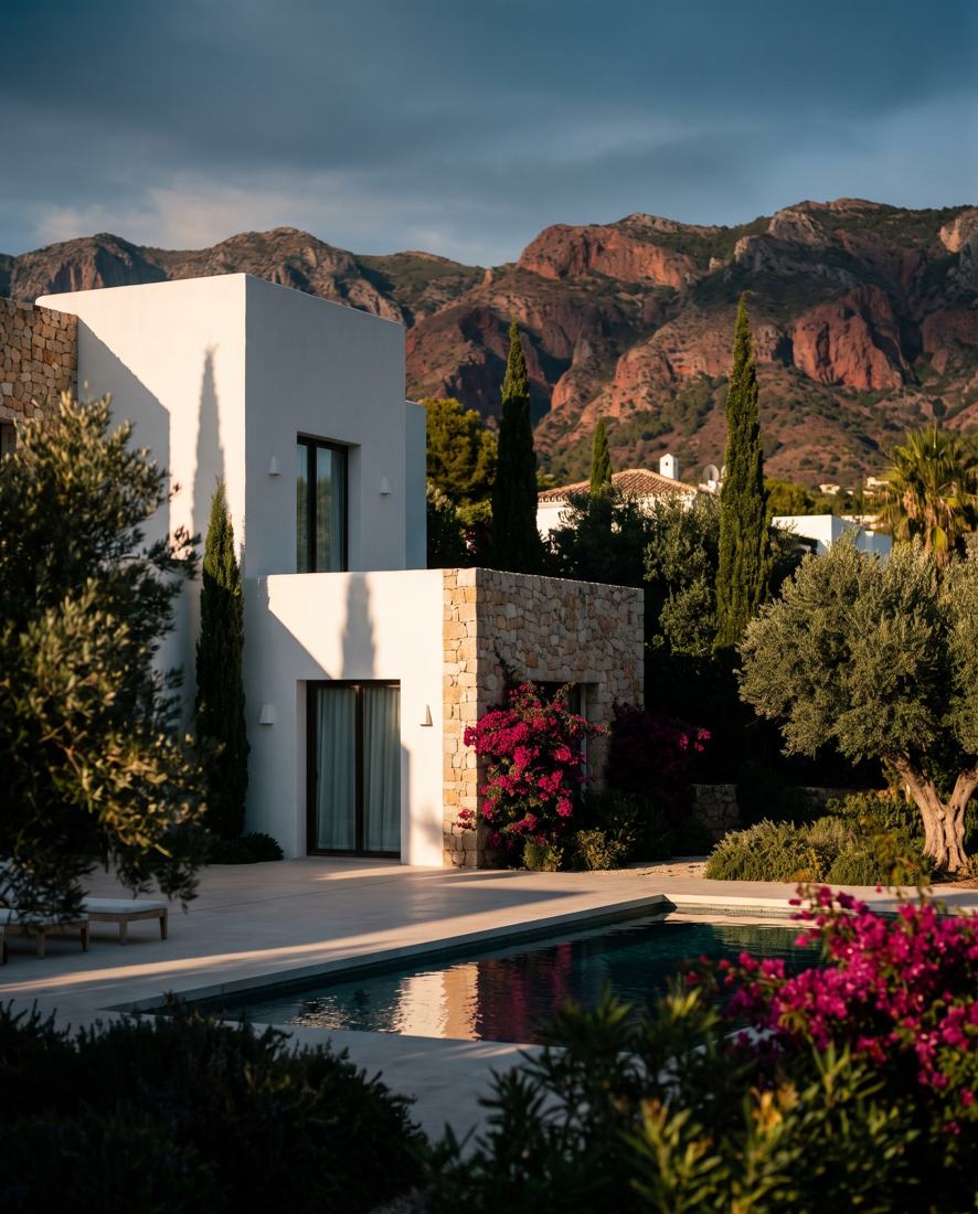 A contemporary Andalusian villa with a pool, the red Sierra Bermeja behind